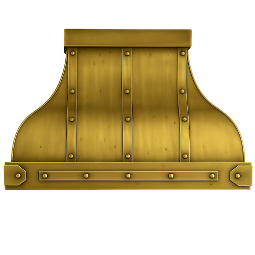 Smooth brass trapezoid range hood with riveted straps, clean lines, and a warm satin finish for rustic kitchens