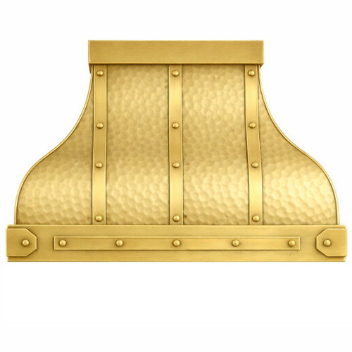 Hammered brass trapezoid range hood with riveted straps and clean flat cap
