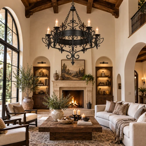 California mission forged iron chandelier in a traditional Spanish style living room