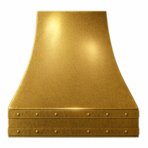 Front view of rustic brass range hood with riveted straps and flat cap