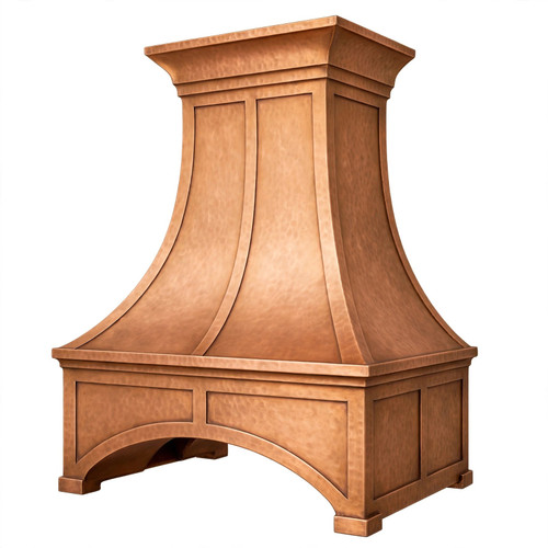 Close-up detail of softly hand-hammered honey copper texture, crown molding and arched apron joints