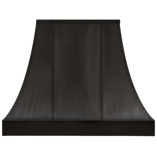 Black zinc kitchen range hood with trapezoidal canopy front view showing vertical straps, rivets, and clean trapezoidal shape