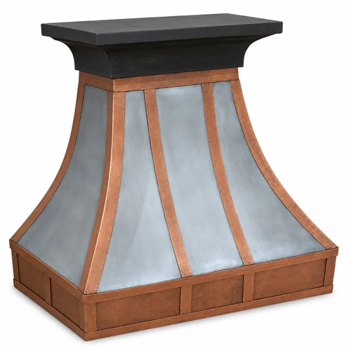 Discounted zinc range hood with copper apron angled view, real handcrafted hood with zinc body, copper trim band and tapered canopy profile