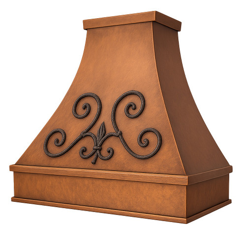 Spanish style copper range hood with forged iron scrollwork side view on white background, hammered copper canopy with flared profile, decorative iron apron and handcrafted patina finish