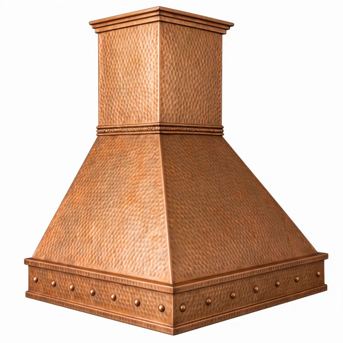 Angled view hand hammered tapered honey copper range hood with rope trim and riveted apron