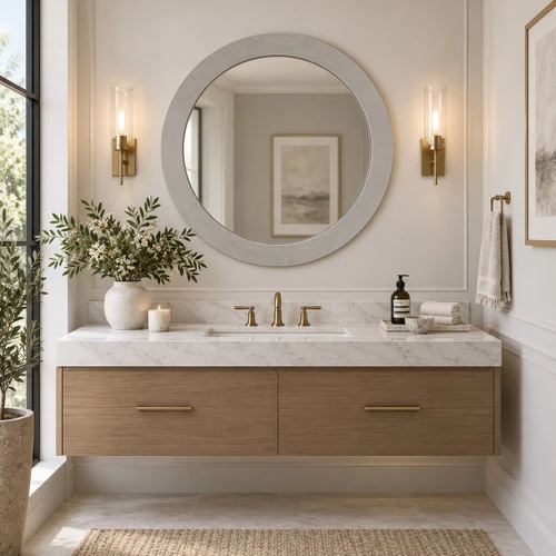 Round zinc mirror with brushed metal frame above a modern powder room vanity with neutral finishes