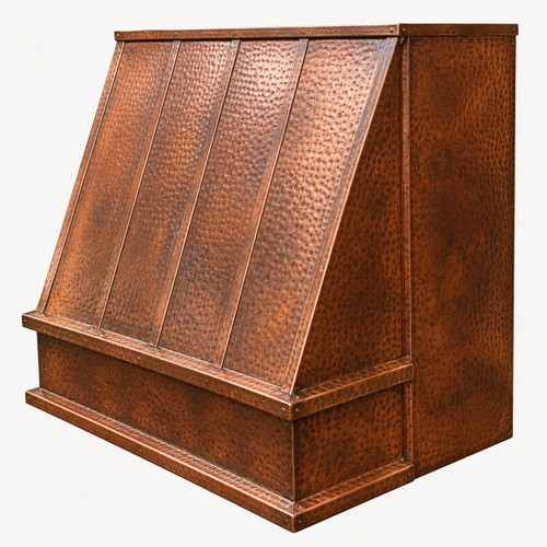 Detail view of double-beam under-cabinet copper range hood steep sloping profile on white background