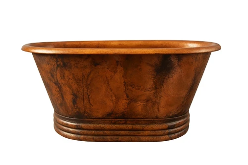 Oval rustic copper bathtub with warm patina, compact freestanding form with rounded ends and hammered copper surface