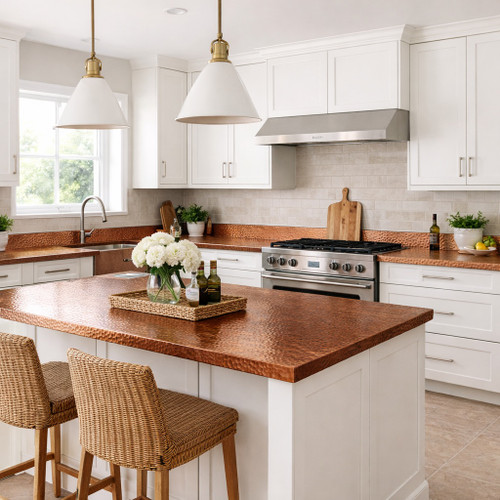 Handcrafted hammered copper kitchen countertop with backsplash in a contemporary suburban kitchen