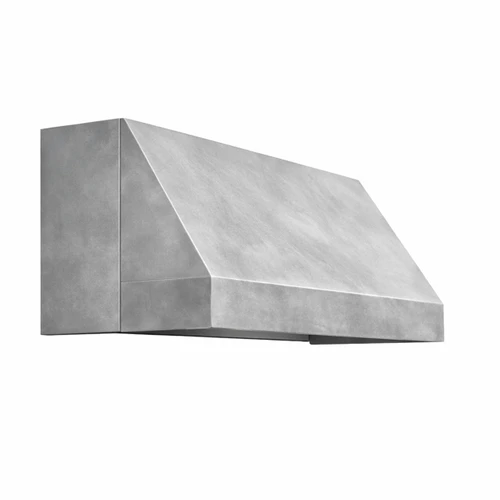Smooth angled zinc range hood showing its sloping face, straight body, and sharply folded architectural profile
