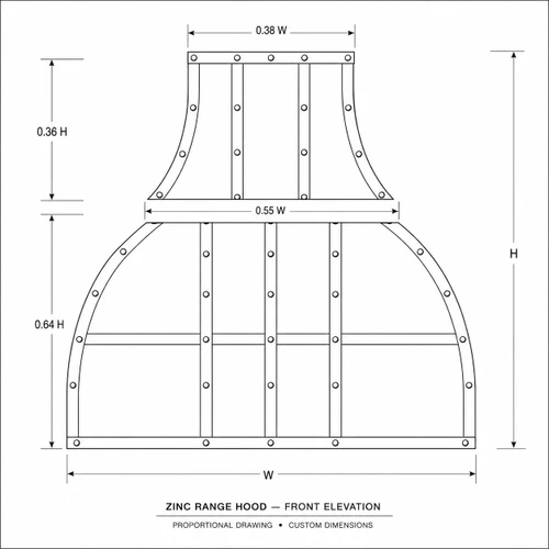 Handcrafted zinc bell range hood technical drawing with tall chimney, riveted straps and proportions