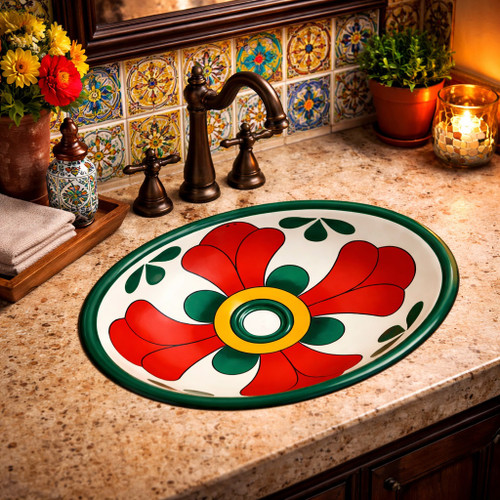 Talavera red floral bathroom sink displayed in a restaurant restroom with artisan ceramic character
