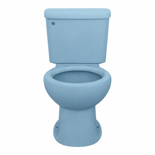 Front view of a light blue ceramic toilet