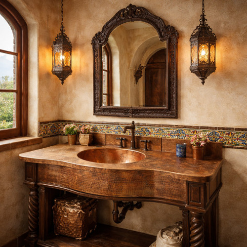 Copper bathroom sink with integrated hammered countertop in a Spanish Revival bathroom furnished with creamy stucco walls, hand-carved hardwood cabinetry and Moorish lantern lighting