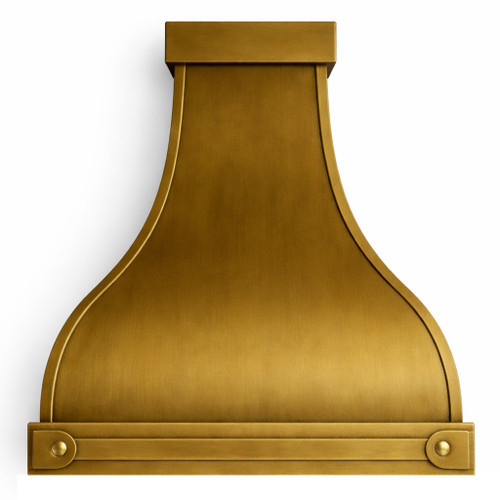 Handcrafted brass range hood with a horizontal strap, warm finish, and sculptural trapezoid profile