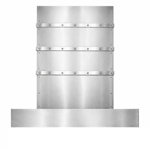 Contemporary rectangular zinc range hood with riveted bands in natural metal finish, front view