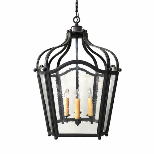 French country iron lantern pendant with rustic glass and lights off