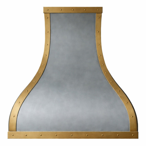 Front view of a zinc range hood with decorative brass corners and straps