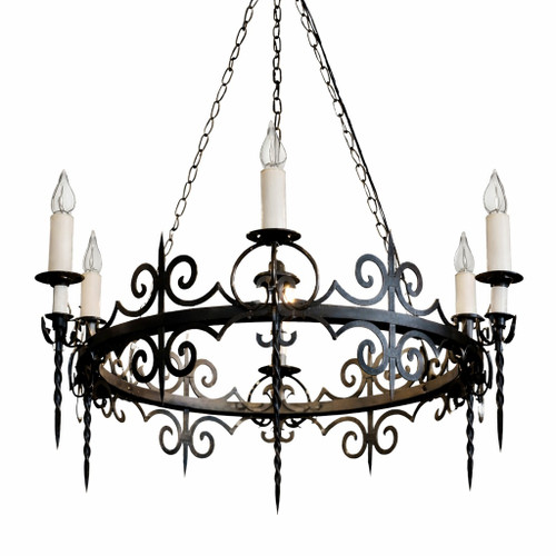 Hand-forged iron ring chandelier with scrollwork with European heritage