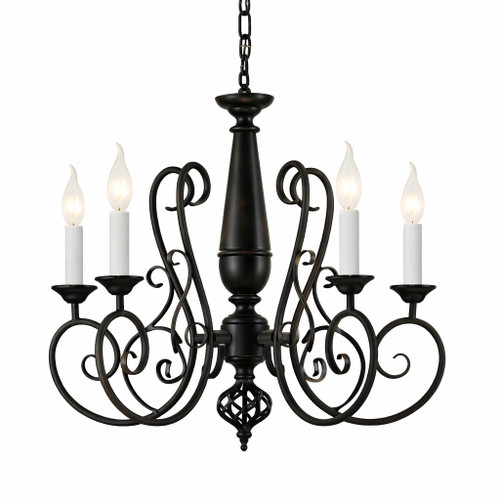 Classic wrought iron scroll chandelier with manor house lighting with lamps turned on