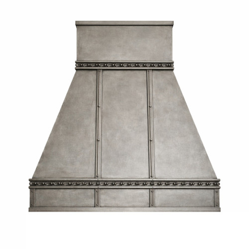 Brutalist mid-century zinc range hood with modular panel design and metal natural finish