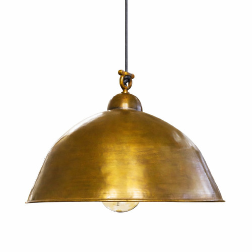 French inspired brass dome pendant lamp with warm patina, wide low dome shade with rolled rim and softly mottled hand worked finish