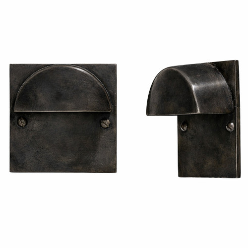 Square wall light shade with domed hood in dark aged brass finish, compact form with rounded hood and deep warm patina