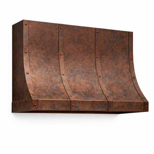 Hand hammered copper range hood with adjustable strap design, wall mounted model featuring fired natural patina and riveted vertical bands