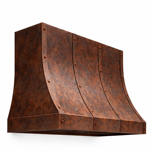 Hand hammered copper range hood with adjustable strap design, island mount model featuring fired natural patina and riveted vertical bands