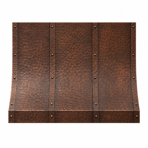 Hand hammered copper range hood front view with coffee patina and adjustable riveted straps