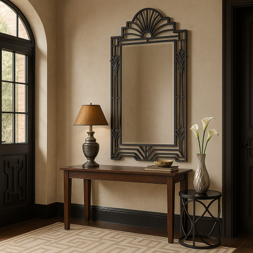 Art Deco wrought iron mirror with sunburst frame in a house entry
