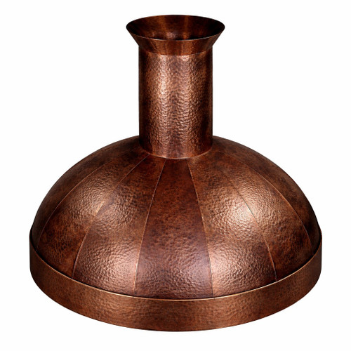 Hand hammered copper dome range hood with minimal apron front view