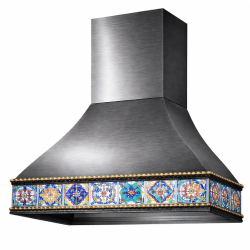 Side view of gunmetal range hood with a brushed finish and Talavera tile apron