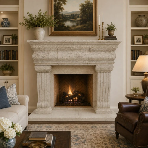 Carved cantera stone fireplace mantel with classical columns in an elegant family room