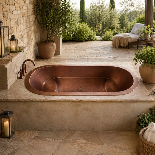 Hammered copper bathtub with interior seating steps in outdoor veranda, oval tub with warm patina set against open air setting