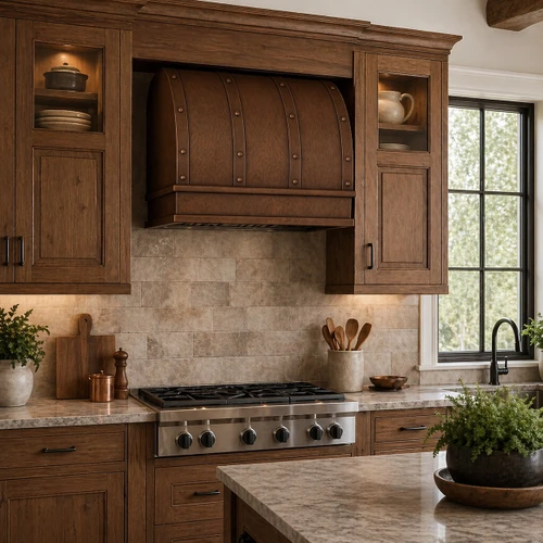 42 inch barrel shape copper range hood in a kitchen in undercabinet configuration