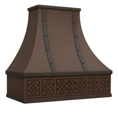Spanish Colonial Revival copper range hood angled view, hammered canopy with warm patina and decorative apron detailing