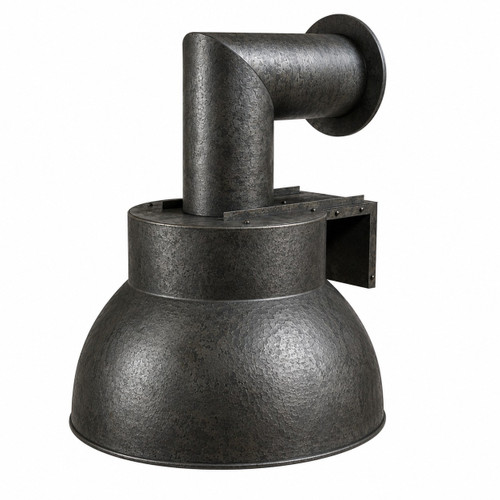Dark zinc industrial range hood in New York style angled view on white background, exposed mounting bracket, cylindrical ductwork and hammered charcoal finish