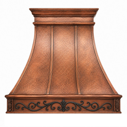 Victorian scroll copper range hood front view with hammered copper body and forged iron apron detail on white background