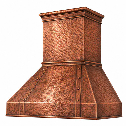 Retro Hammered Copper Range Hood angled view showing hammered copper finish, square chimney and riveted corner straps