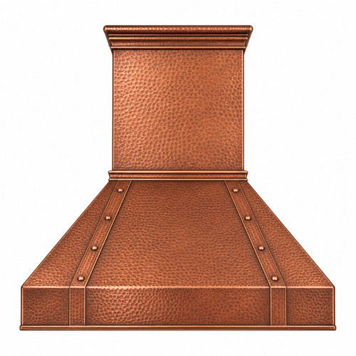 Retro Hammered Copper Range Hood front view with hammered copper texture, square chimney, riveted straps and white background