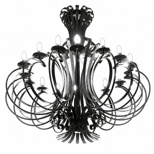 Sculptural iron chandelier with layered loop scrollwork and candle-style lights on white background