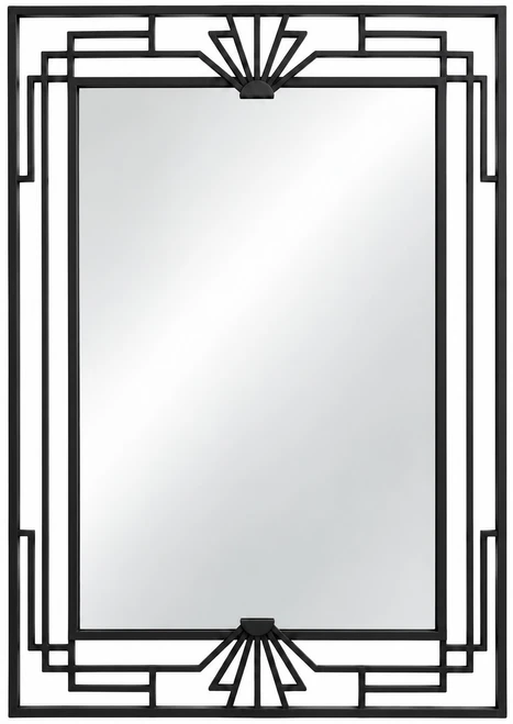 Art Deco Iron Mirror with Stepped Geometric Frame isolated on white background with black iron finish