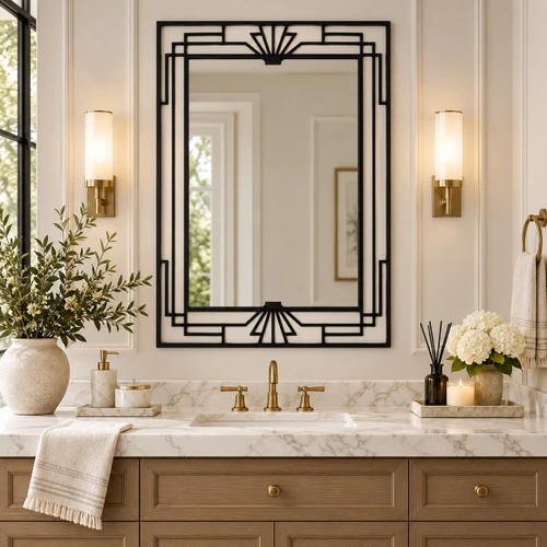 Art deco iron mirror with geometric stepped frame and sunburst motifs above a bathroom vanity