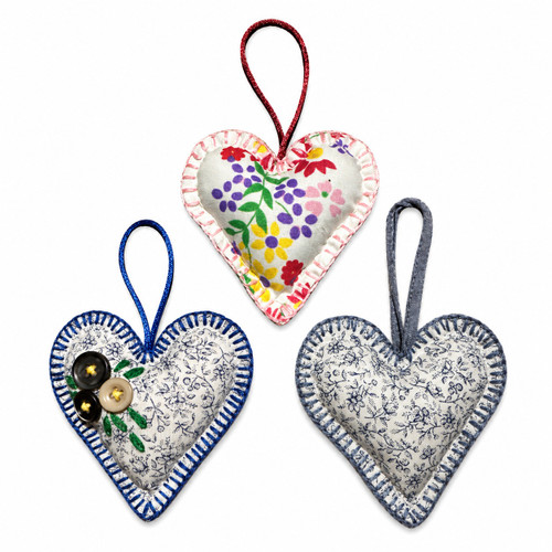 Artisan Cottage Heart Decorations with floral fabrics, hand stitching, buttons, and hanging loops front view on white background