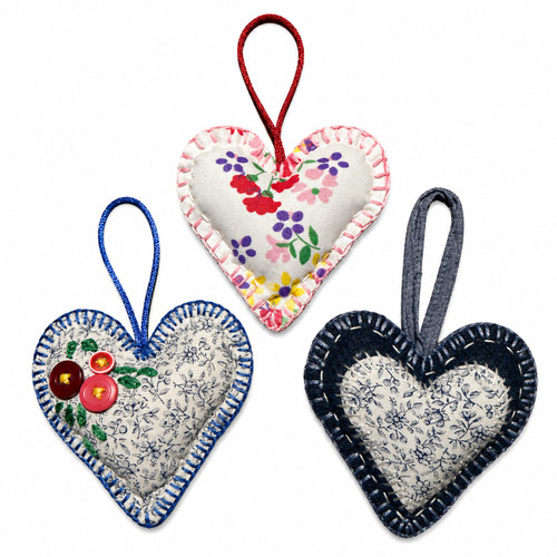 Artisan Cottage Heart Decorations with floral fabrics, hand stitching, buttons, and hanging loops back view on white background
