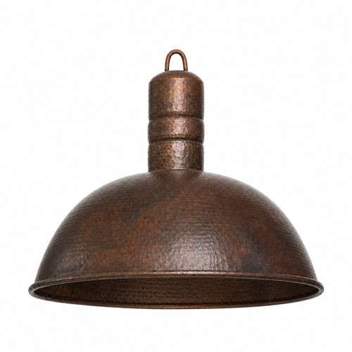 Hand-hammered copper dome pendant lamp with aged patina finish and industrial hanging cord on white background