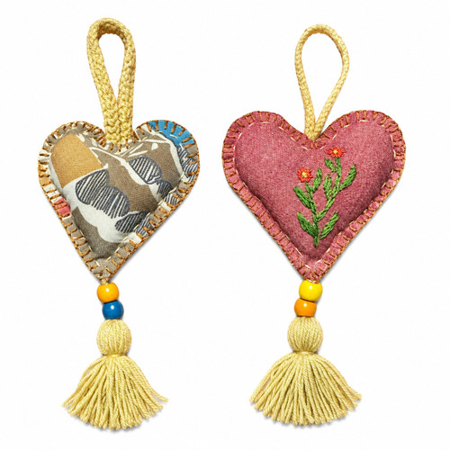 Handmade embroidered floral and patchwork fabric heart ornament set featuring floral embroidery, patchwork fabric, and cream tassels