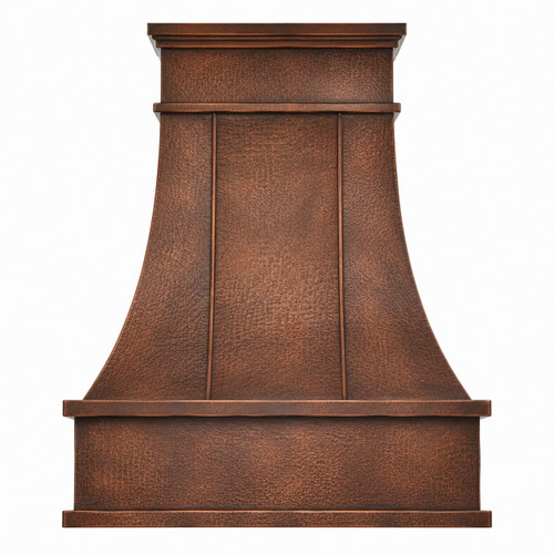 Hammered chandelier copper range hood with tall apron isolated on white background showing handcrafted hammered texture