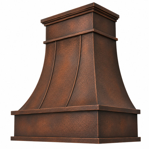 Angled view of hammered chandelier copper range hood with tall apron on white background highlighting handcrafted curves
